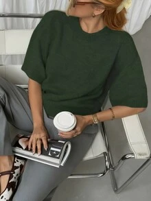 Pull élégant tricoté pour femme, col rond à manches courtes, style rétro minimaliste, pour le printemps/automne, convient pour le port casual à Noël, Thanksgiving, Nouvel An - Vert armée - Voir 1