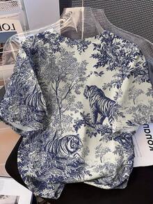 抽象动物印花图案T恤，休闲圆领短袖T恤，奢华秋季款，可爱女款，复古机场风白色夏季款 - 白色 - 查看 2