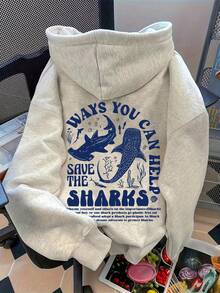 保护海洋生物鲨鱼印花秋装，女士返校宽松落肩休闲连帽衫 - 淺灰色 - 查看 1