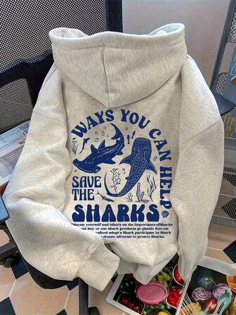 Protect Marine Life Shark Print Autumn Clothes, Women Back To School Loose Fit Drop Shoulder Casual Hoodie Sweatshirt