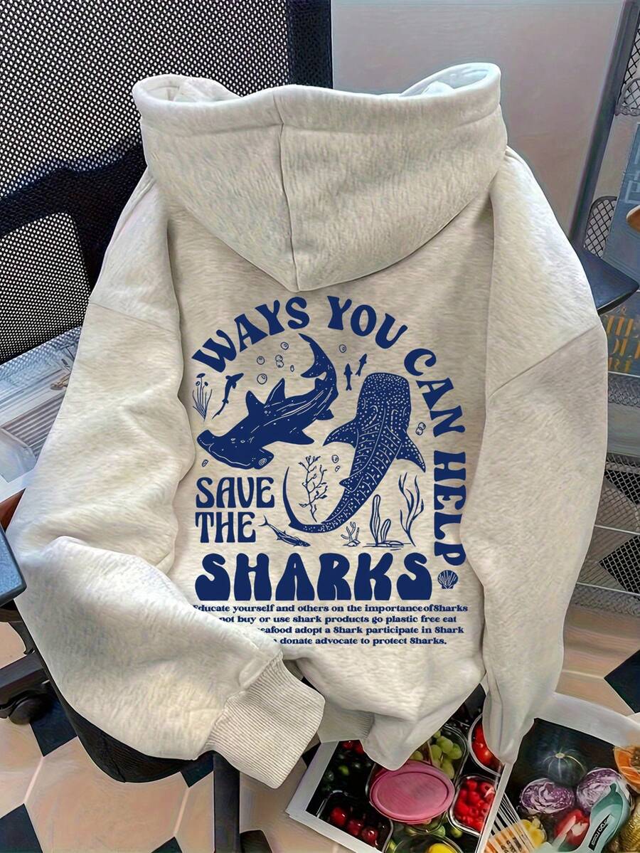 保护海洋生物鲨鱼印花秋装，女士返校宽松落肩休闲连帽衫 - 淺灰色 - 查看 1