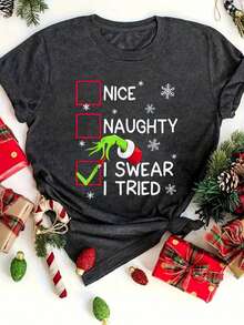 Nice Naughty I Tried Graphic Funny Christmas Crew Neck Short Sleeve T-Shirt, Casual Women Clothes For Fall And Winter