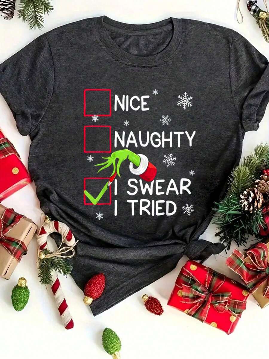 Nice Naughty I Tried Graphic Funny Christmas Crew Neck Short Sleeve T-Shirt, Casual Women Clothes For Fall And Winter