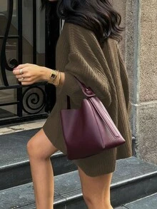 Áo len nữ dáng rộng cổ tròn, kiểu dáng tối giản, màu trơn, phong cách retro, hoàn hảo cho năm mới, Giáng sinh và Ngày Valentine. - màu nâu - Xem 3