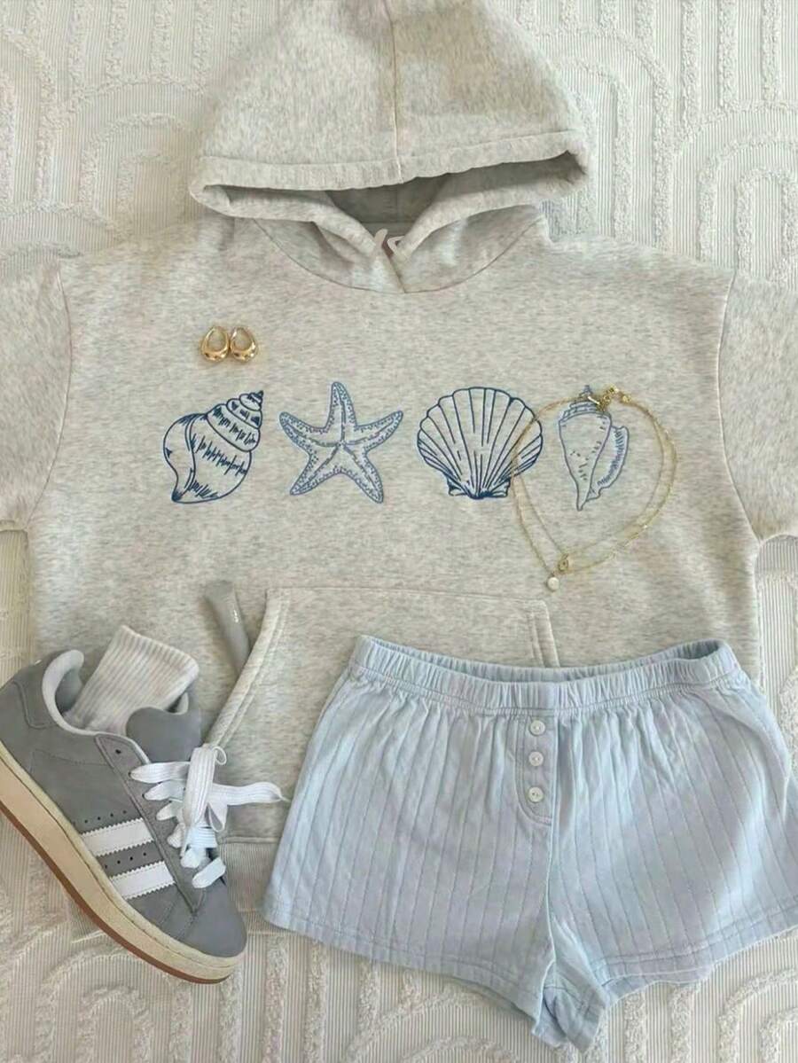 Seashell Print Hoodie, Cute Women's Hoodies For Fall, Back To School Pullover Sweatshirt, Casual Women's Oversized Long Sleeve Hoodie For Fall Outfits - Light Grey - View 1