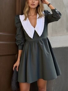 2025春秋新款时尚优雅法式娃娃领撞色短袖A字迷你连衣裙，女士秋季服装，万圣节服装，新年服装，派对礼服，毕业礼服，正式优雅连衣裙，沙特国庆日服装，户外服装，优雅，正式，女士优雅服装，女士优雅连衣裙，情人节服装