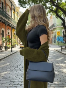 Women's New Minimalist Versatile Commute Daily Knit Cardigan, Long Length - Army Green - View 4