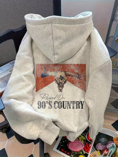 90s Country Western Bull Graphic Sweatshirt, Vintage Women Sweatshirt Fall Clothes For Women New Fall Fashion 2025 For Women, Solid Color Long Sleeve Pocket Dropped Shoulder Casual Sweatshirt For Women