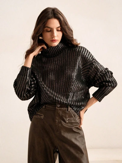 WoolFortune Sequin Embellished Oversized Sweater, Dropped Shoulder, Mock Neck, Loose Fit, Knitted Sequin Fabric, Black & Silver Contrast, Luxurious Socialite Style, Suitable For Parties, Fashion Events, Valentine's Day Gift For Wife/Girlfriend, Women's Regular Fit Long Sleeve Ribbed Knit Pullover Top, Shiny Fabric