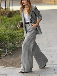 女士春秋季薄款格子套装，定制外套和阔腿裤，优雅时尚两件套办公服饰