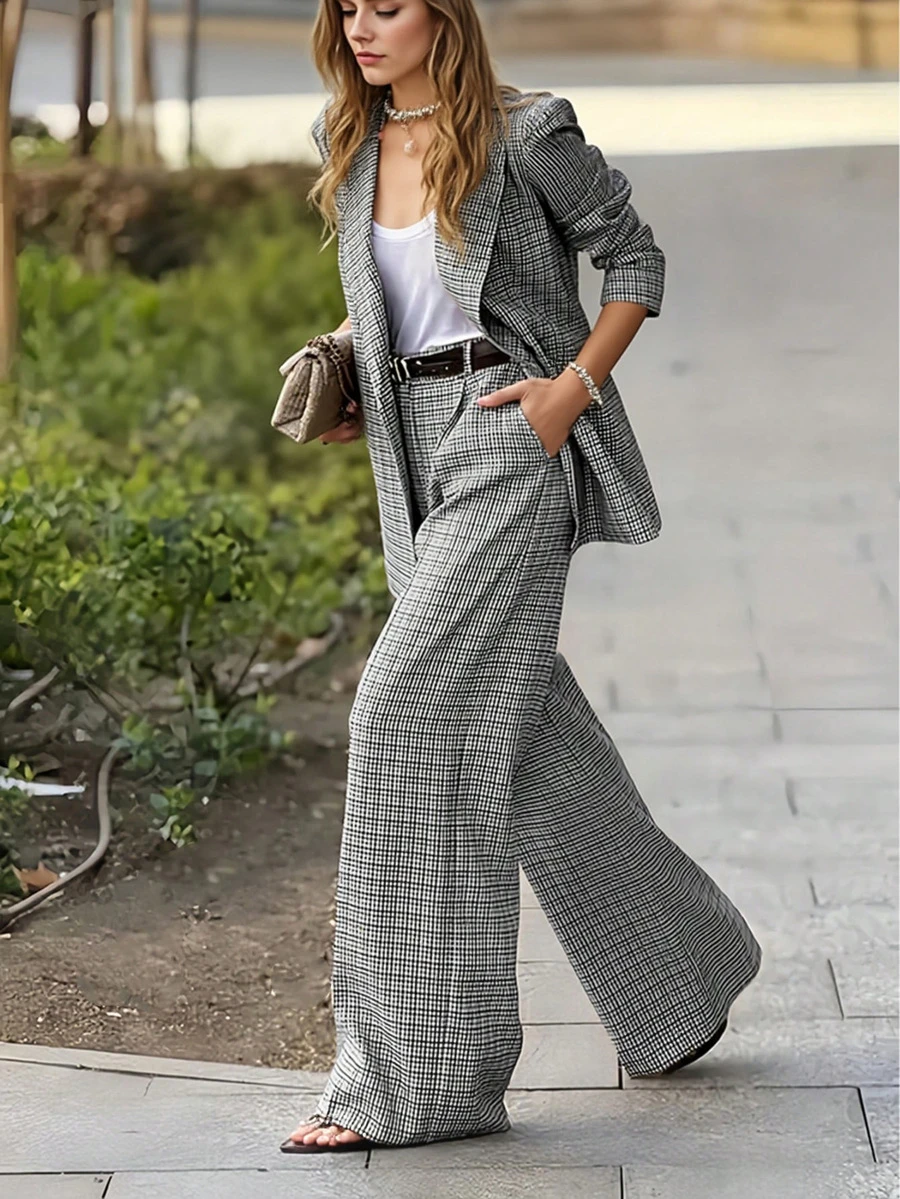 女士春秋季薄款格子套装，定制外套和阔腿裤，优雅时尚两件套办公服饰