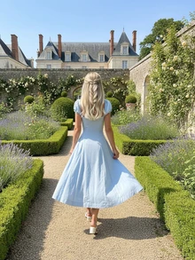 Váy hoa cổ điển thanh lịch viền bèo nhún màu trơn dành cho nữ, Xuân/Hè - Màu xanh lam - Xem 2