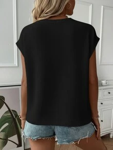 优雅女士宽松白色短款针织背心 - 休闲街头风无袖圆领上衣，简约复古风，适合返校季、秋冬季节，也适合圣诞节、感恩节和新年等节日、度假、海滩等场合。黑色夏季 - 黑色 - 查看 2