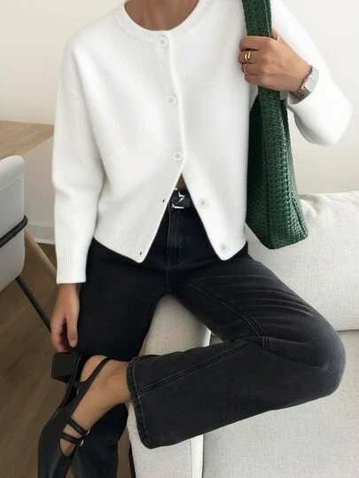 Knit Mix Elegant French Style Loose Knit Cardigan, Women's, Round Neck Long Sleeve Sweater For Christmas, Thanksgiving, New Year, Casual Solid Color Outerwear For Autumn/Winter