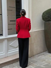 Elegant Vintage Red Christmas Dress - Waist Cinched Silhouette, High Fashion Vibe, Women Autumn/Winter Clothing - Red - View 2