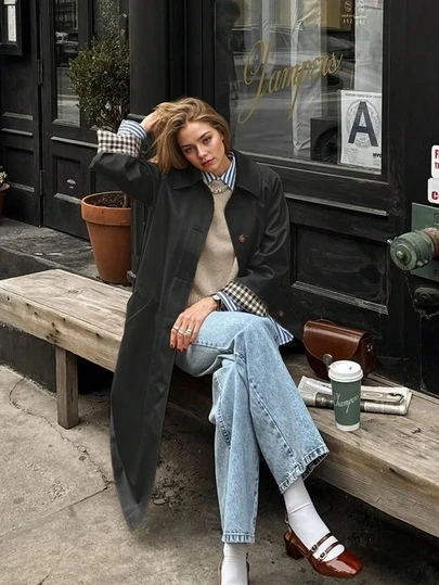 2026 Spring/Summer New Women's French Niche Khaki Long Windbreaker, Raglan Sleeve Lapel Collar Colorblock Plaid Single-Breasted Lightweight Jacket, Unlined