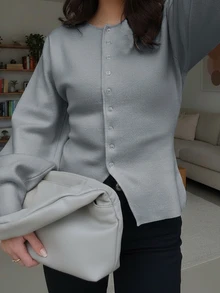SEREN 灰色圆领多扣长袖针织开衫，宽松休闲通勤风毛衣外套，灰色 - 灰色 - 查看 4