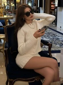 Bộ áo khoác cardigan dệt kim thời trang thanh lịch dành cho nữ, áo len dài tay màu trơn đa năng và chân váy midi hai mảnh, giản dị và đa dụng, phù hợp cho các dịp Giáng sinh, Lễ Tạ ơn và Năm mới. - trắng - Xem 3