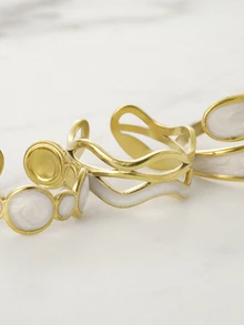 Clariva 3pcs/Set Fashionable Asymmetrical Stainless Steel Artistic Paint Ring Set, Stylish Design For Women Daily Wear Gifts - Yellow Gold - View 7