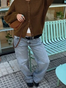 Knit Mix 优雅女士法式宽松针织开衫，适合圣诞节、感恩节、新年等节日，时尚长袖圆领纯色休闲开衫，秋冬季穿着。 - 黃花杏 - 查看 3