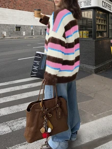 2025 Nuevo suéter casual de mujer de manga larga con cuello redondo, contraste de color a rayas, material de lana, Otoño/Invierno