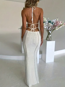 Vestido playero largo de punto calado, cubre con espalda abierta y tirantes cruzados, unicolor, perfecto para vacaciones de primavera/verano/otoño