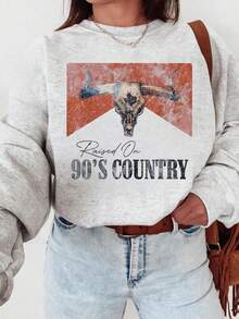 90s Country Western Bull Graphic Retro Women Sweatshirt, Women's Casual Dropped Shoulder Crew Neck Long Sleeve Pullover - Multicolor - View 2