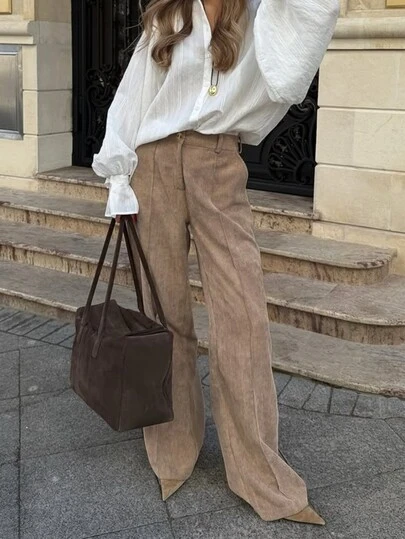 Women's High Waist Corduroy Casual Pants, Retro Casual Chic Style For Daily Office Wear, Spring