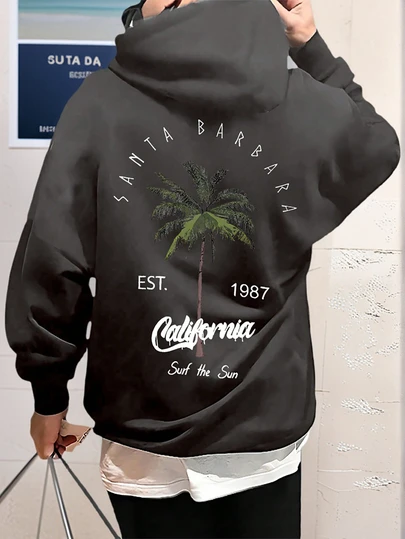 男士休闲街头风椰树印花抽绳连帽卫衣，返校季
