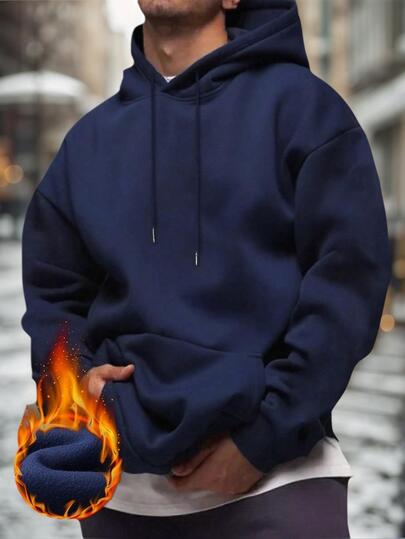 Men's Solid Color Drop Shoulder Long Sleeve Drawstring Pocket Casual Hoodie, Autumn/Winter, Back To School Season