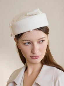 Clariva 1件装 空姐优雅英伦风蝴蝶结网纱蕾丝羊毛帽 女士礼帽 成熟女性服装搭配 温柔白色帽子 婚礼配饰 圣诞礼物 - 彩色 - 查看 4