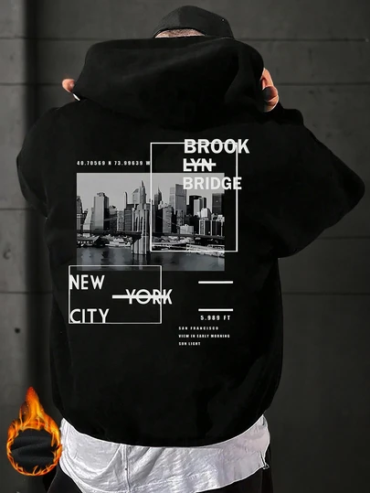 Sudadera con capucha de forro polar con estampado de elementos de la ciudad de Nueva York y Brooklyn, estilo urbano para otoño/invierno, parte superior de manga larga para hombre