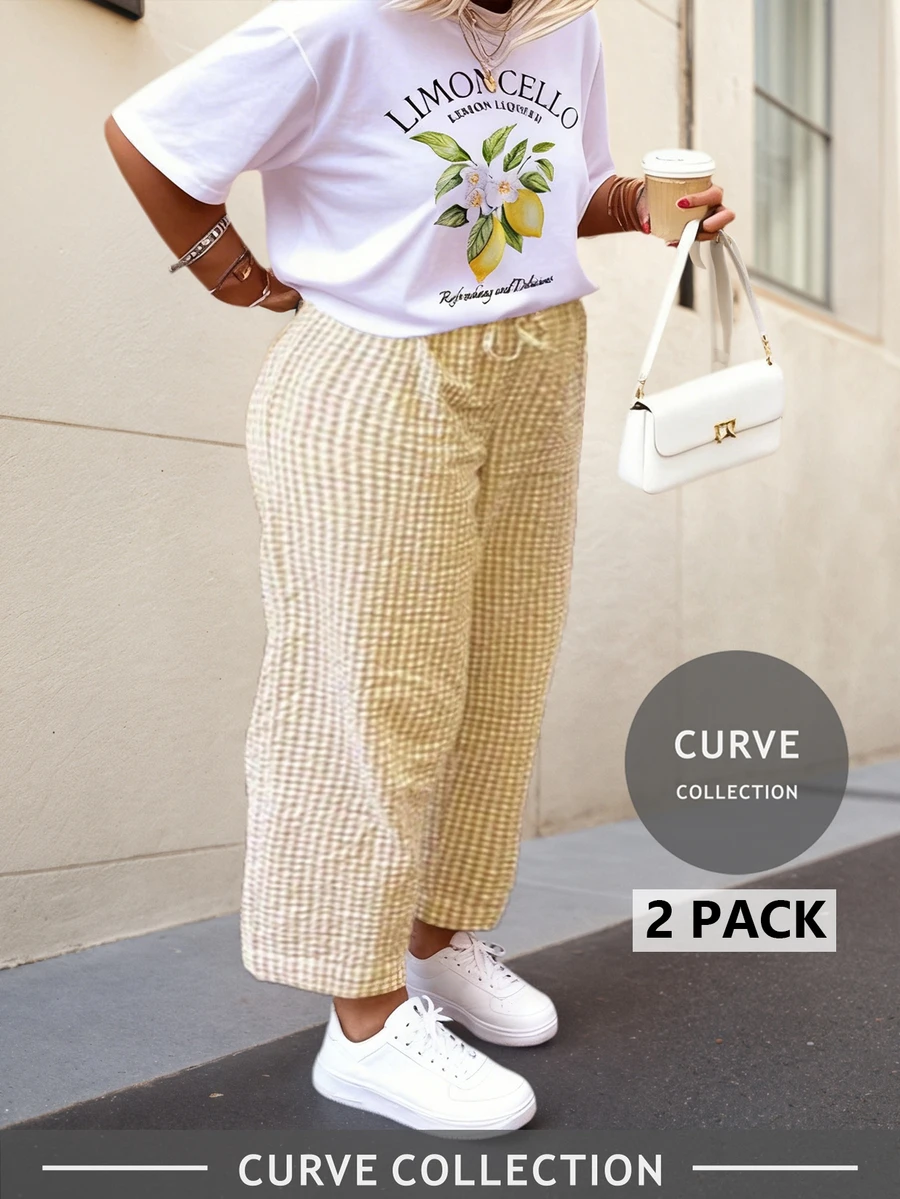 Plus Size Lemon Print T-Shirt And Plaid Wide Leg Pants Set - Casual Matching Set, Comfortable Autumn Outfit, Easy Women's Two Pieces Styling, Street Style, Outdoor Wear Elegant Summer - Multicolor - View 1