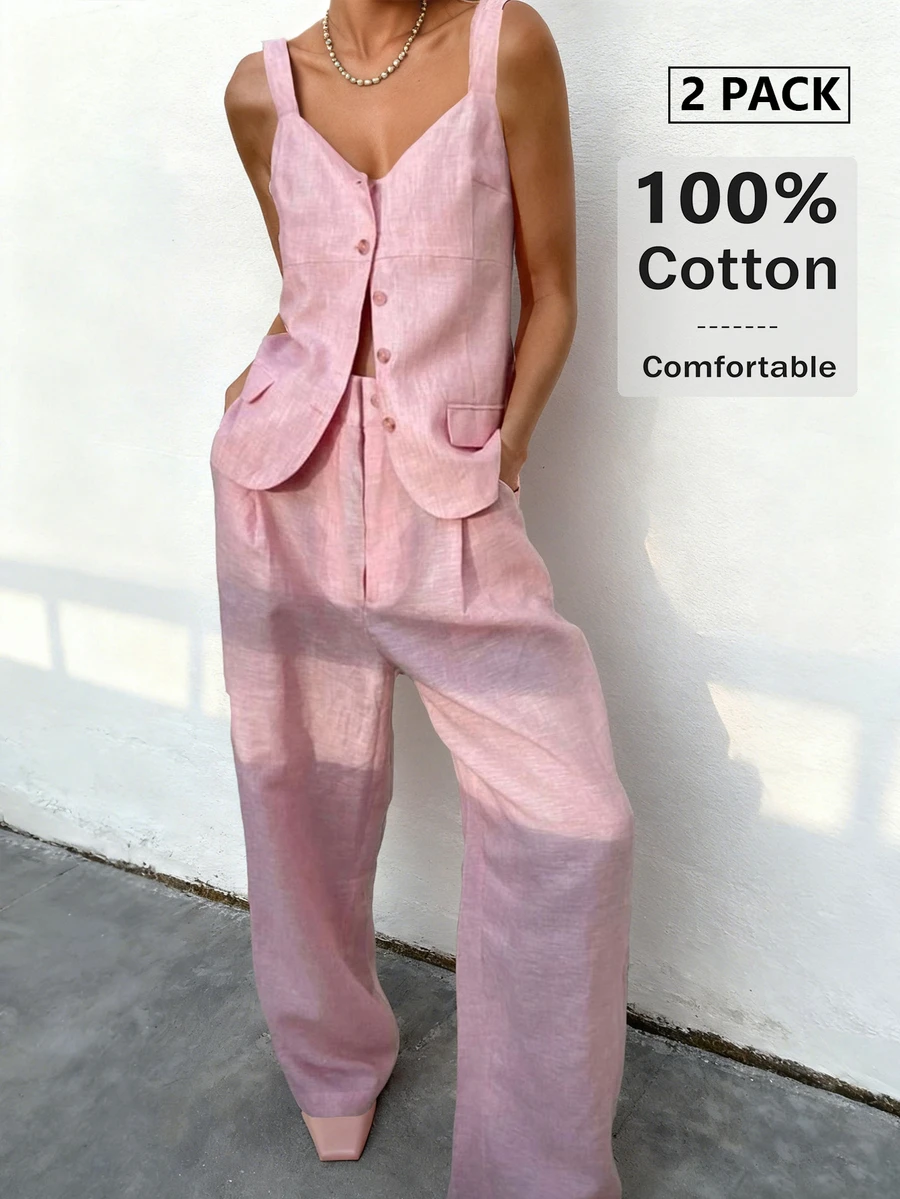 女士低调奢华两件套 | 浅粉色无袖开襟衬衫和阔腿裤 | 透气商务休闲亚麻混纺面料 | 适合度假、早午餐、办公室着装和邮轮旅行，2026春夏 - 粉色 - 查看 1