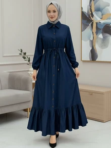 Women's Elegant Solid Color Front Button Waist Tie Knot Cinched Waist Flattering Lapel Fashion Button Ruffle Hem Long Sleeve Dress, Suitable For Spring, Summer, Autumn, Winter - Blue - View 2