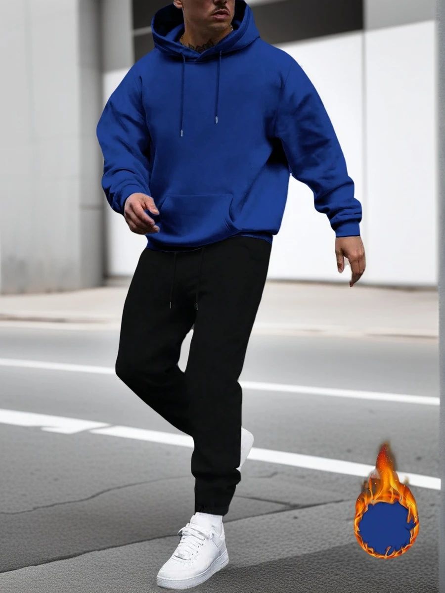 Men's Solid Color Drop Shoulder Long Sleeve Drawstring Hoodie And Sweatpants Casual Loose Suit, Autumn - Royal Blue - View 1