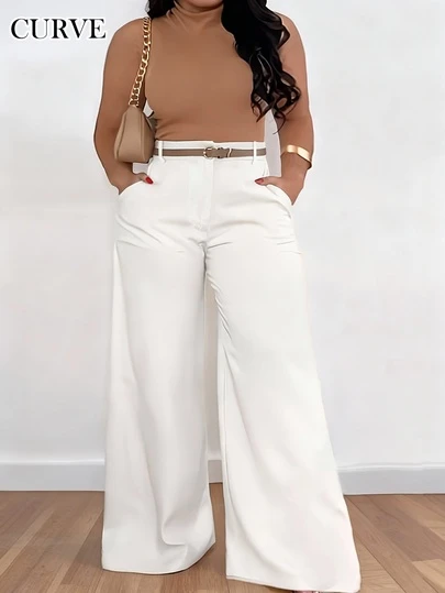 ANCHOSE Pantalones acampanados con diseño de bolsillo de cintura alta casual para mujer, ajuste holgado talla grande, principios de otoño