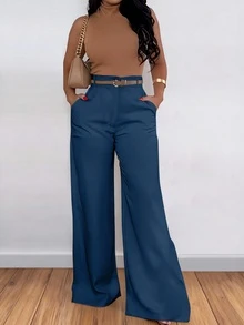 ANCHOSE 女士休闲高腰口袋设计喇叭裤，宽松版型，蓝色，适合夏秋季 - 藍色 - 查看 1