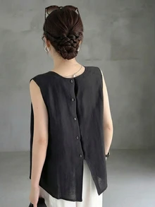 女士休闲纯色无袖时尚设计背心，夏季黑色 - 黑色 - 查看 2