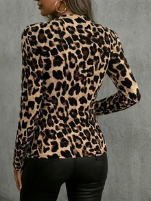 Women Leopard Spot Printed Long Sleeve Hollow Out Fitted T-Shirt
