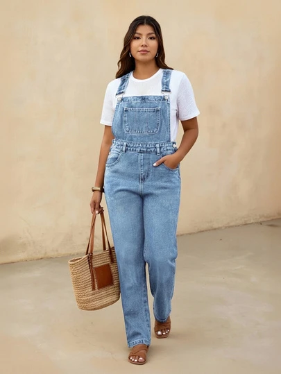 Plus Size Comfortable Non-Stretch Washed Denim Overalls Harem Pants, Casual Everyday Wear, All Season Spring