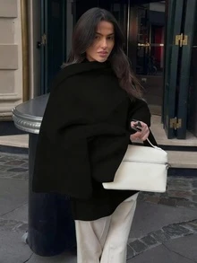 2025 Autumn/Winter Minimalist Solid Color Pullover Sweater With Scarf, Elegant For Daily Commute (Includes Scarf) - Black - View 1