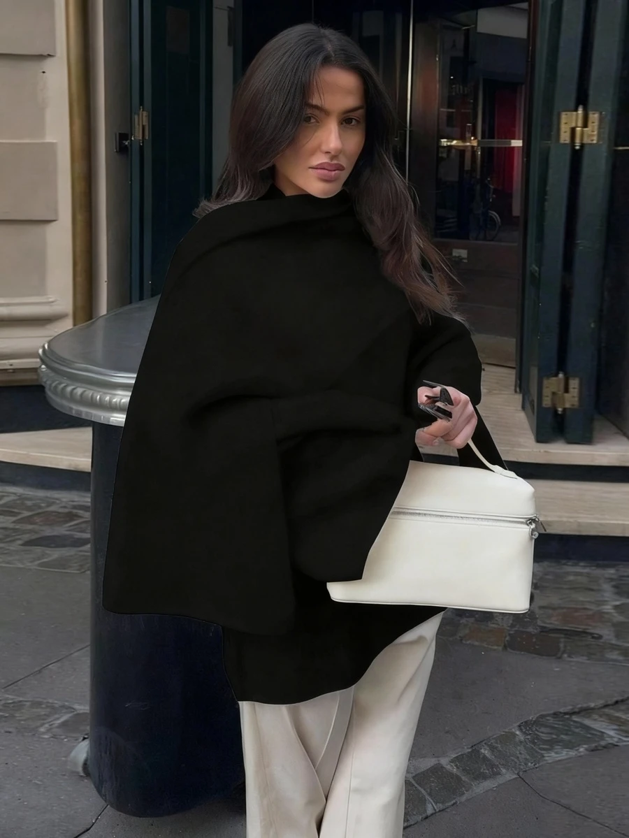 2025 Autumn/Winter Minimalist Solid Color Pullover Sweater With Scarf, Elegant For Daily Commute (Includes Scarf) - Black - View 1