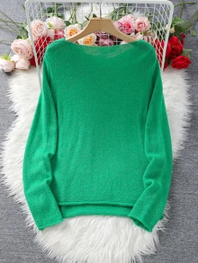 Áo len nữ cổ tròn màu xanh lá cây nhạt, kiểu dáng cổ điển tươi mới, thoải mái cho mùa xuân, áo len dài tay bằng polyester màu trơn nhẹ cho mùa xuân/thu. - màu xanh lá - Xem 3