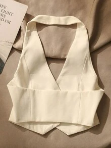 女式无袖露背休闲背心，正面纽扣，优雅款式，夏季 - 杏色 - 查看 3