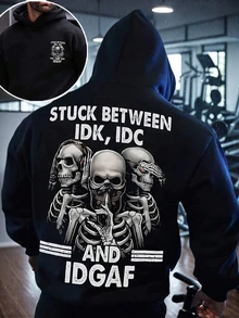 Men's Skull Print Drawstring Hooded Sweatshirt, Casual Street Style, Autumn/Winter, Back To School, For Halloween, Long Sleeve Top - Black - View 2