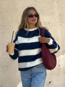 Navy Blue & White Striped Knit Loose Fit Pullover Sweater, Casual Striped Sweater - Royal Blue - View 3