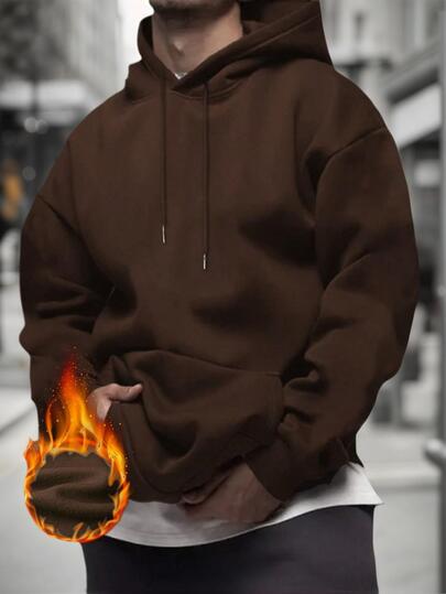 Men's Solid Color Drop Shoulder Long Sleeve Drawstring Pocket Casual Hoodie, Autumn/Winter, Back To School Season