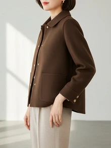 欧美时尚简约大码女装翻领单排扣高质感短款外套休闲纯色长袖复古气质宽松时尚上衣淑女秋装大码