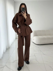 女士休闲商务装，女式职业套装，四粒扣假口袋衬衫配腰带，法式简约休闲装 - 巧克力棕 - 查看 1